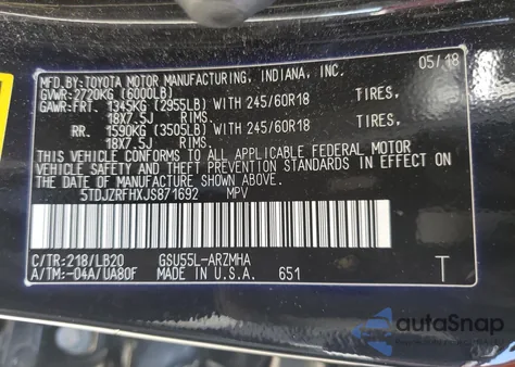 2018 Toyota Highlander Se z USA, uszkodzony, nr VIN 5TDJZRFHXJS871692